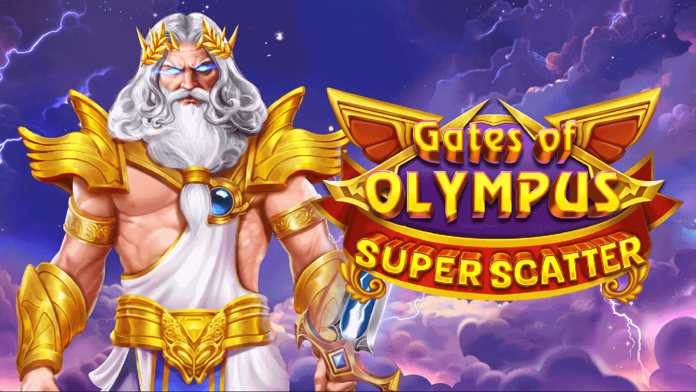 Zeus als K&ouml;nig des Olymp in goldener R&uuml;stung und blauem Umhang vor Wolken in Gold und Violett, daneben das Feld von Gates of Olympus Super Scatter mit dem Super-Scatter-Symbol und goldenen M&uuml;nzen